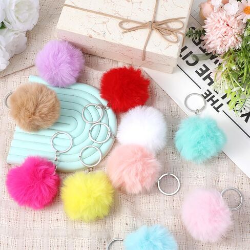 10Pcs Pom Pom Keychain Rabbit Faux Fur Ball Keychain Synthetic Artificial Fluffy Colorful Soft Plush Pompoms Car Key Ring Puff Ball with Keychains Hooks in Kuwait