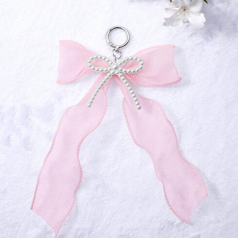 Pink Bow Keychain with Pearl,Bow Bag Charm-Cute Keychain Charms Purse Charms for Women Ribbon Car Key Chain Accessories Christmas Gifts in Saudi Arabia