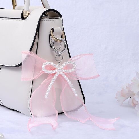 Pink Bow Keychain with Pearl,Bow Bag Charm-Cute Keychain Charms Purse Charms for Women Ribbon Car Key Chain Accessories Christmas Gifts in Saudi Arabia