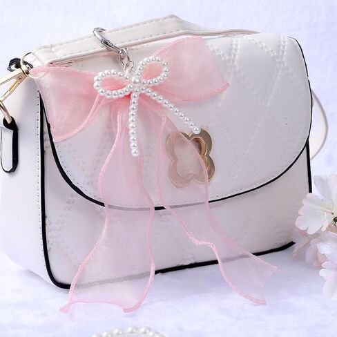 Pink Bow Keychain with Pearl,Bow Bag Charm-Cute Keychain Charms Purse Charms for Women Ribbon Car Key Chain Accessories Christmas Gifts in Saudi Arabia