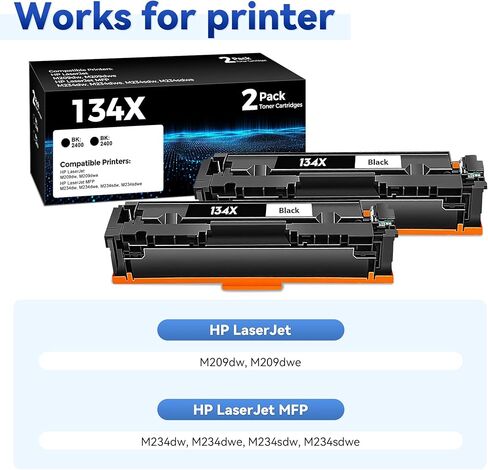 134X Black Toner Cartridge 2 Packs Replacement for HP 134A 134X High Yield Printer Toner Compatible with HP LaserJet M209dw M209dwe MFP M234dw M234dwe M234sdw M234sdwe in Kuwait