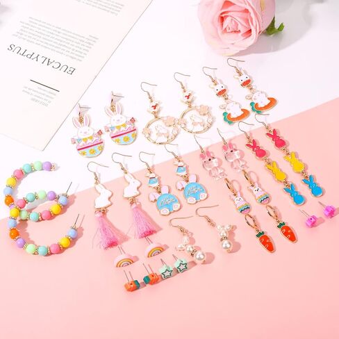 10/15 Pairs Easter Jewelry Set for Women,Easter Bunny Dangle Earrings,Easter Beads Hoop Earrings,Easter Theme Stud Earrings,Spring Accessories Gifts in Saudi Arabia