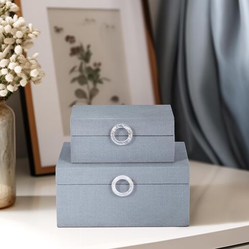Sagebrook Home Set of 2 Decorative Storage Boxes with Lids - Fabric Covered MDF & Wood, Acrylic Handles - Home & Office Organizer - 9" & 7" Blue in Kuwait