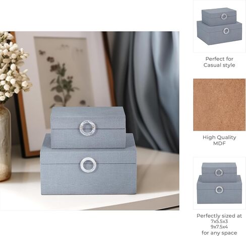 Sagebrook Home Set of 2 Decorative Storage Boxes with Lids - Fabric Covered MDF & Wood, Acrylic Handles - Home & Office Organizer - 9" & 7" Blue in Kuwait