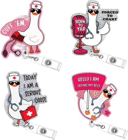 4 Pcs Nurse Badge Reel - Funny Nurse Gifts Silly Goose Badge Reels Retractable, Cute Nursing Badge Holder for Nurses Doctors Student RN LPN CNA MA Medical Worker Teacher ID Name Badge Clip Accessories in Saudi Arabia