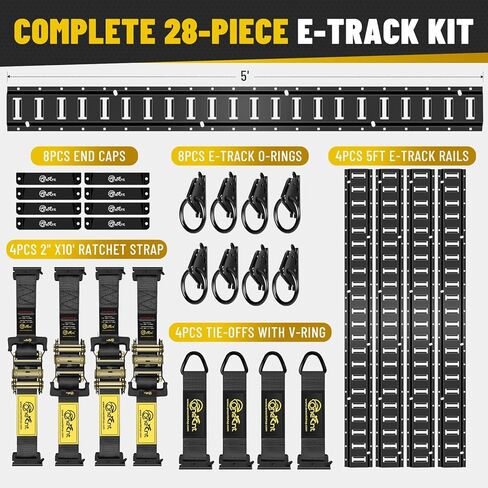 E-Track Tie-Down Rail Kit – Heavy-Duty (4) 5ft E-Track Rails, (4) 2" x 10' Ratchet Straps, 4 V-Ring Tie-Offs, 8 O-Ring Anchors & 8 End Caps for Cargo, Trailers, Trucks, Vans & Motorcycles in Kuwait