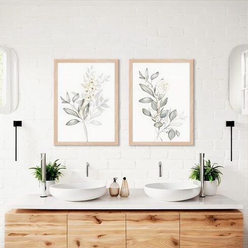 Framed Boho Eucalyptus Wall Art 2Pcs,Sage Green Plant and Flower in Glass Vase Canvas Prints, Minimalist Botanical Painting Picture, Nature Poster Artwork for Living Room,Bathroom, Kitchen Wall Decor 16X24IN in Saudi Arabia