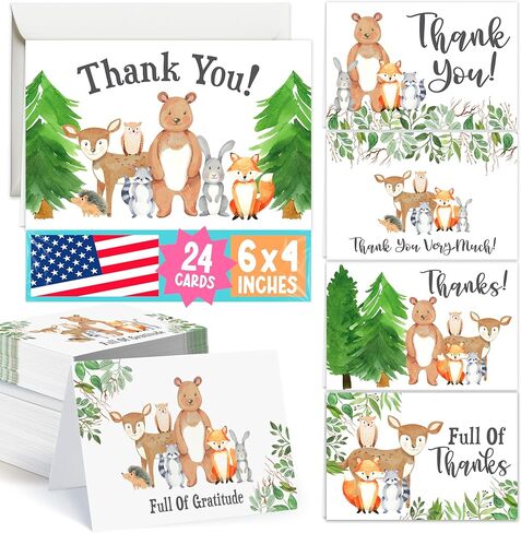 24 Woodland Thank You Cards With Envelopes, Kids or Baby Shower Thank You Note, Rustic Animal Deer or Fox, 4x6 Varied Gratitude Pack For Party, Birthday Boy or Girl Children, Appreciation Stationery in Kuwait