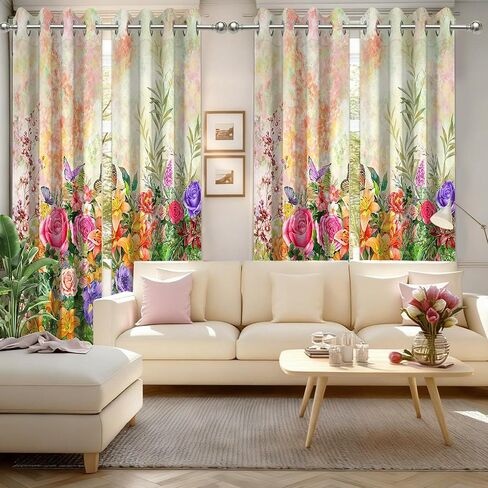 Spring Floral Blackout Curtains, Colorful Flower Butterfly Wildflower Watercolor for Women Window Drapes for Bedroom Living Room, 84 inch Length 2 Panels Set, 84 in x 52 in in Saudi Arabia