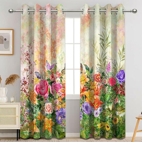 Spring Floral Blackout Curtains, Colorful Flower Butterfly Wildflower Watercolor for Women Window Drapes for Bedroom Living Room, 84 inch Length 2 Panels Set, 84 in x 52 in in Saudi Arabia
