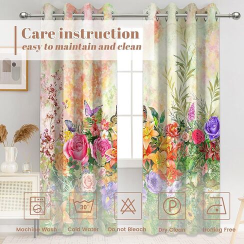 Spring Floral Blackout Curtains, Colorful Flower Butterfly Wildflower Watercolor for Women Window Drapes for Bedroom Living Room, 84 inch Length 2 Panels Set, 84 in x 52 in in Saudi Arabia