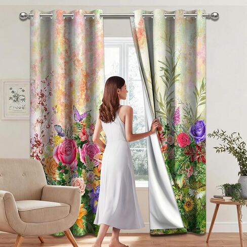 Spring Floral Blackout Curtains, Colorful Flower Butterfly Wildflower Watercolor for Women Window Drapes for Bedroom Living Room, 84 inch Length 2 Panels Set, 84 in x 52 in in Saudi Arabia