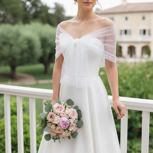 Pearl Bridal Shawl Bridal Cloak Sheer Tulle Capes and Wraps for Evening Dress Wedding Party Pearls Wedding Cape for Women Girls in Kuwait