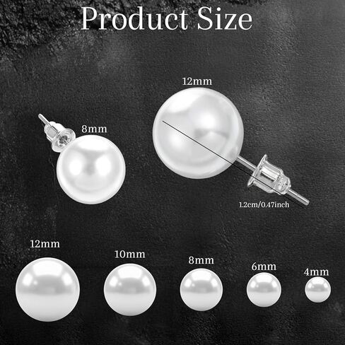 24 Pairs Pearl Studs Earrings For Women, Large Round Ball Pearls Stud Earrings, 5 Mixed Sizes Pearl Earring Set For Birthday Bridal Wedding Christmas Jewelry in Saudi Arabia