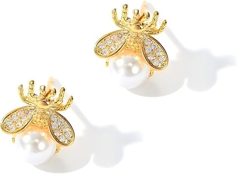 Gold Honeybee Stud Earrings Cute Bumble Bee Pearl Studs Earrings for Women Teen Girls in Kuwait