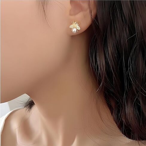 Gold Honeybee Stud Earrings Cute Bumble Bee Pearl Studs Earrings for Women Teen Girls in Kuwait
