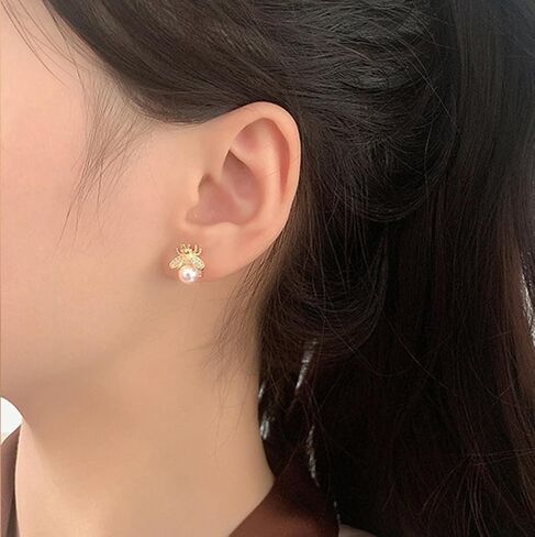 Gold Honeybee Stud Earrings Cute Bumble Bee Pearl Studs Earrings for Women Teen Girls in Kuwait