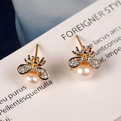 Gold Honeybee Stud Earrings Cute Bumble Bee Pearl Studs Earrings for Women Teen Girls in Kuwait