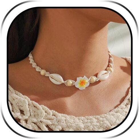 HUASAI Puka Shell Necklace for Woman White Shell Flower Choker Necklace Summer Seashell Necklace Trendy Beach Vacation Outfits for Women Jewelry Gifts in Saudi Arabia