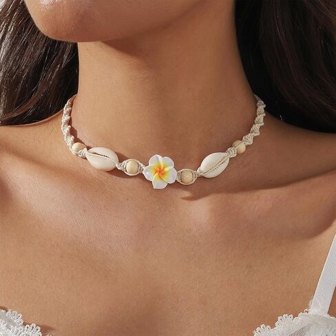 HUASAI Puka Shell Necklace for Woman White Shell Flower Choker Necklace Summer Seashell Necklace Trendy Beach Vacation Outfits for Women Jewelry Gifts in Saudi Arabia