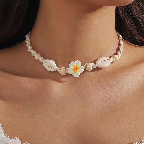 HUASAI Puka Shell Necklace for Woman White Shell Flower Choker Necklace Summer Seashell Necklace Trendy Beach Vacation Outfits for Women Jewelry Gifts in Saudi Arabia