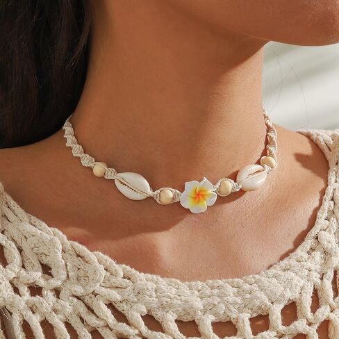 HUASAI Puka Shell Necklace for Woman White Shell Flower Choker Necklace Summer Seashell Necklace Trendy Beach Vacation Outfits for Women Jewelry Gifts in Saudi Arabia