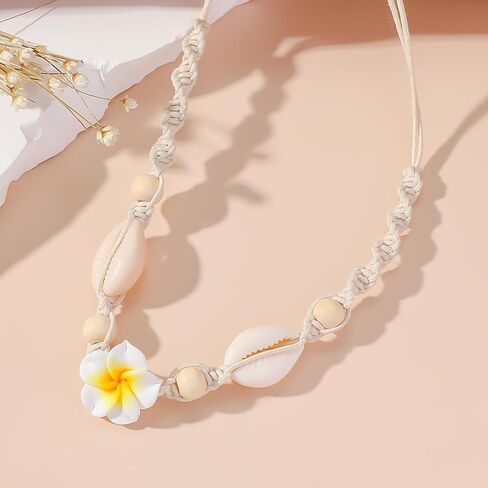 HUASAI Puka Shell Necklace for Woman White Shell Flower Choker Necklace Summer Seashell Necklace Trendy Beach Vacation Outfits for Women Jewelry Gifts in Saudi Arabia