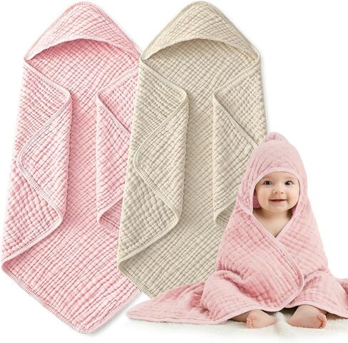 Hooded Baby Towels, 2 Pack Large Size Baby Bath Towel, Upgrade High Density 100% Muslin Cotton Baby Towels, Ultra Soft, Highly Absorbent, for Infants, Toddlers, Essential for Newborn Care, 32" x 32" in Saudi Arabia