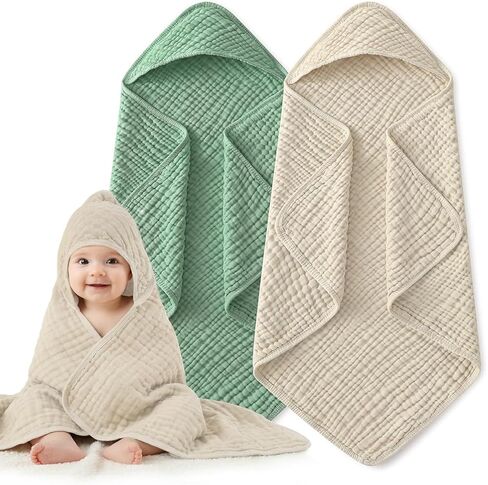 Hooded Baby Towels, 2 Pack Large Size Baby Bath Towel, Upgrade High Density 100% Muslin Cotton Baby Towels, Ultra Soft, Highly Absorbent, for Infants, Toddlers, Essential for Newborn Care, 32" x 32" in Saudi Arabia