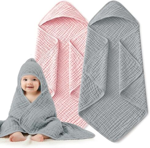 Hooded Baby Towels, 2 Pack Large Size Baby Bath Towel, Upgrade High Density 100% Muslin Cotton Baby Towels, Ultra Soft, Highly Absorbent, for Infants, Toddlers, Essential for Newborn Care, 32" x 32" in Saudi Arabia
