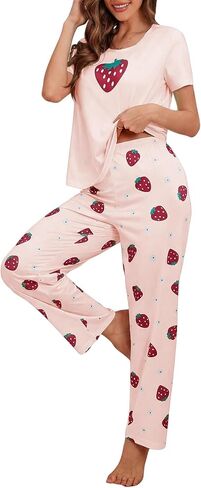 SweatyRocks Women's 2 Piece Pajama Sets Strawberry Fruit Print Short Sleeve Top and Pants Sleepwear in Saudi Arabia