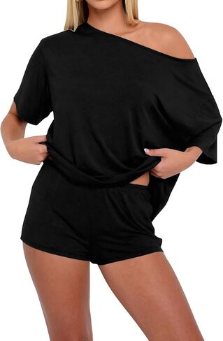 INFITTY 2 Piece Sets Womens Off The Shoulder Tops Casual Oversized Tees Short Sleeve T Shirts Summer Trendy Clothes in Kuwait