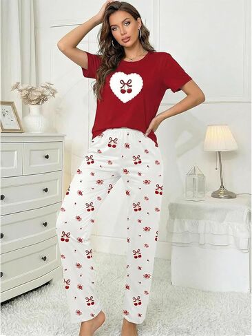 2 Piece Womens Pajama Set, Cherry Print Short Sleeve Crewneck Top and Long Pants Sleepwear Set, Lounge Outfit for Home in Saudi Arabia