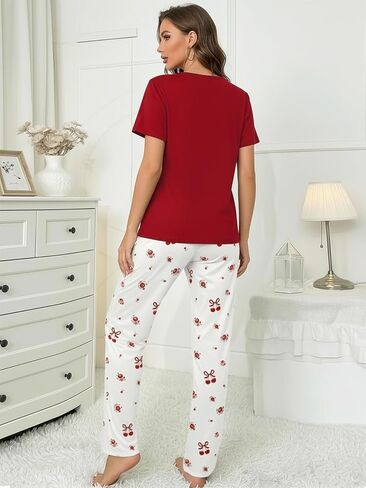 2 Piece Womens Pajama Set, Cherry Print Short Sleeve Crewneck Top and Long Pants Sleepwear Set, Lounge Outfit for Home in Saudi Arabia