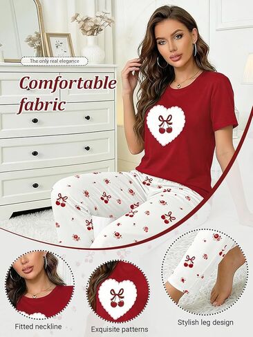 2 Piece Womens Pajama Set, Cherry Print Short Sleeve Crewneck Top and Long Pants Sleepwear Set, Lounge Outfit for Home in Saudi Arabia