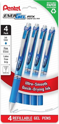 أقلام جل سائلة Pentel EnerGel RTX، رأس إبرة، رفيع (0.5 مم)، حبر أسود، 4 عبوات (BLN75PF4A) in Kuwait