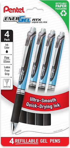 أقلام جل سائلة Pentel EnerGel RTX، رأس إبرة، رفيع (0.5 مم)، حبر أسود، 4 عبوات (BLN75PF4A) in Kuwait