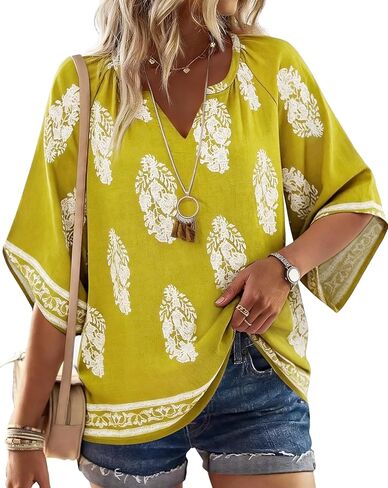 Tencole Womens 3/4 Sleeve Summer Boho Tops V Neck Peasant Blouses Casual Vacation Clothes Flowy Tunic Shirts in Kuwait
