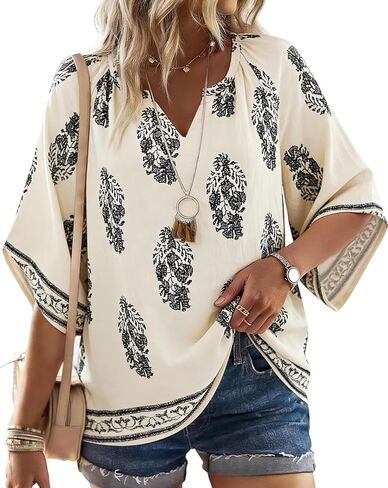 Tencole Womens 3/4 Sleeve Summer Boho Tops V Neck Peasant Blouses Casual Vacation Clothes Flowy Tunic Shirts in Saudi Arabia