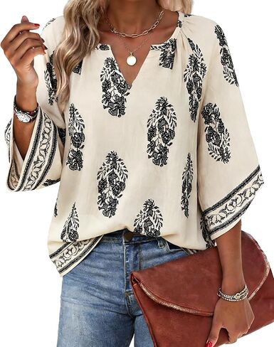Tencole Womens 3/4 Sleeve Summer Boho Tops V Neck Peasant Blouses Casual Vacation Clothes Flowy Tunic Shirts in Saudi Arabia
