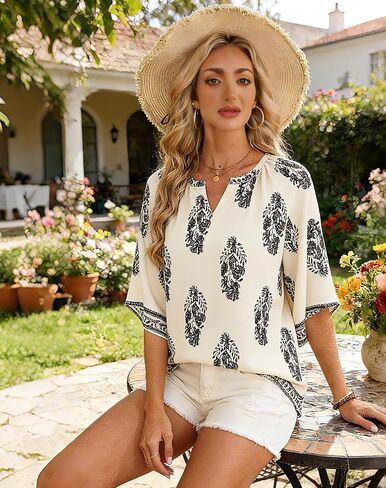 Tencole Womens 3/4 Sleeve Summer Boho Tops V Neck Peasant Blouses Casual Vacation Clothes Flowy Tunic Shirts in Saudi Arabia