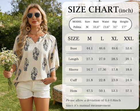 Tencole Womens 3/4 Sleeve Summer Boho Tops V Neck Peasant Blouses Casual Vacation Clothes Flowy Tunic Shirts in Saudi Arabia