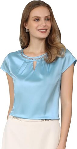 Women's Satin Keyhole Blouse Cap Sleeve Sparkly Chain Neck Rhinestone Tops in Saudi Arabia