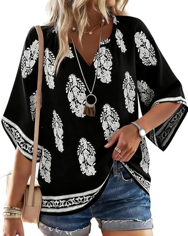 Tencole Womens 3/4 Sleeve Summer Boho Tops V Neck Peasant Blouses Casual Vacation Clothes Flowy Tunic Shirts in Saudi Arabia