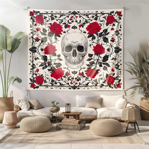 Elmsfell Gothic Skull Tapestry Red Roses - Grunge Emo Room Decor Aesthetic, Sketch Tattoo Style Skeleton Wall Art, Punk Alt Bedroom Decorations (50x60) in Saudi Arabia