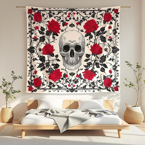 Elmsfell Gothic Skull Tapestry Red Roses - Grunge Emo Room Decor Aesthetic, Sketch Tattoo Style Skeleton Wall Art, Punk Alt Bedroom Decorations (50x60) in Saudi Arabia