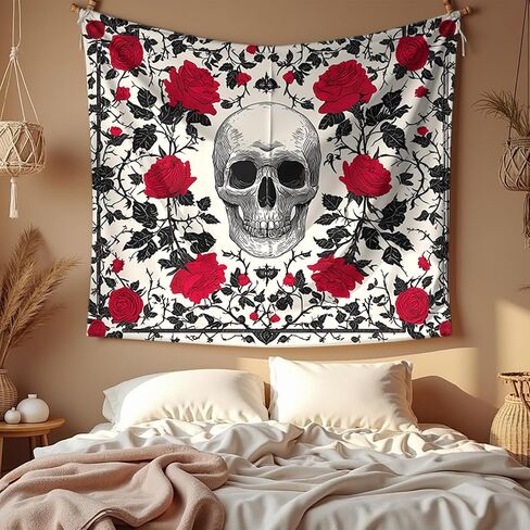 Elmsfell Gothic Skull Tapestry Red Roses - Grunge Emo Room Decor Aesthetic, Sketch Tattoo Style Skeleton Wall Art, Punk Alt Bedroom Decorations (50x60) in Saudi Arabia