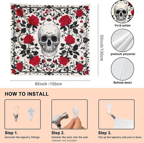 Elmsfell Gothic Skull Tapestry Red Roses - Grunge Emo Room Decor Aesthetic, Sketch Tattoo Style Skeleton Wall Art, Punk Alt Bedroom Decorations (50x60) in Saudi Arabia