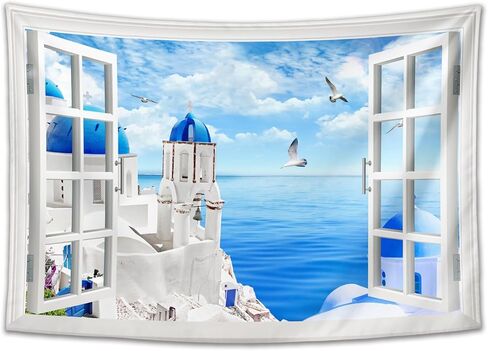 Window View Tapestry Aegean Sea, Greece Santorini | Creativity Aesthetic Natural Scenery Wall Hanging for Bedroom, Living Room & Dorm Decor | Premium Lightweight Polyester 59x39inch in Saudi Arabia