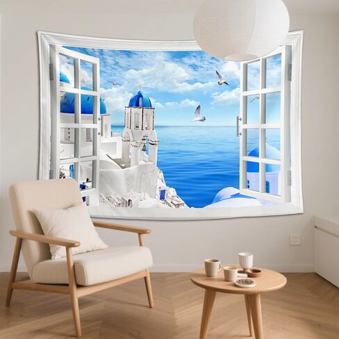 Window View Tapestry Aegean Sea, Greece Santorini | Creativity Aesthetic Natural Scenery Wall Hanging for Bedroom, Living Room & Dorm Decor | Premium Lightweight Polyester 59x39inch in Saudi Arabia